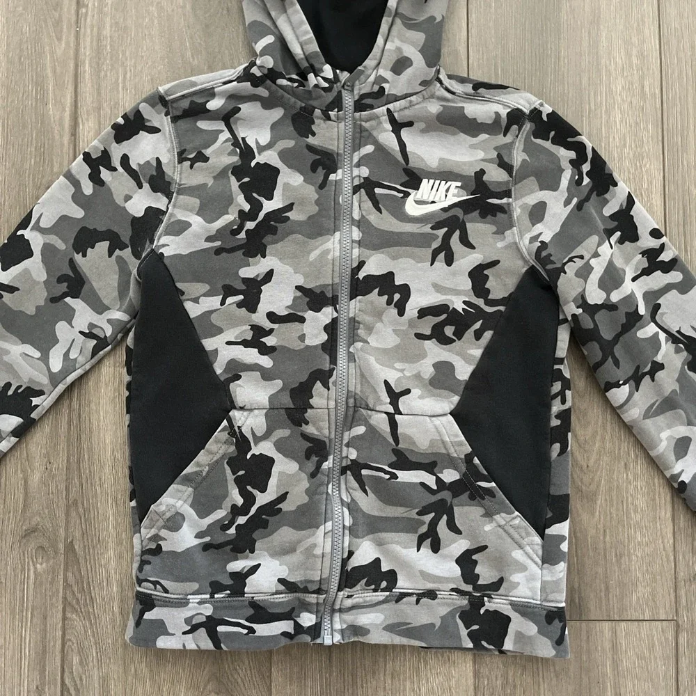 Nike Full Zip Sweatshirt Hoodie Boys L Gray/Black Camo Pockets Fleece Cotton
